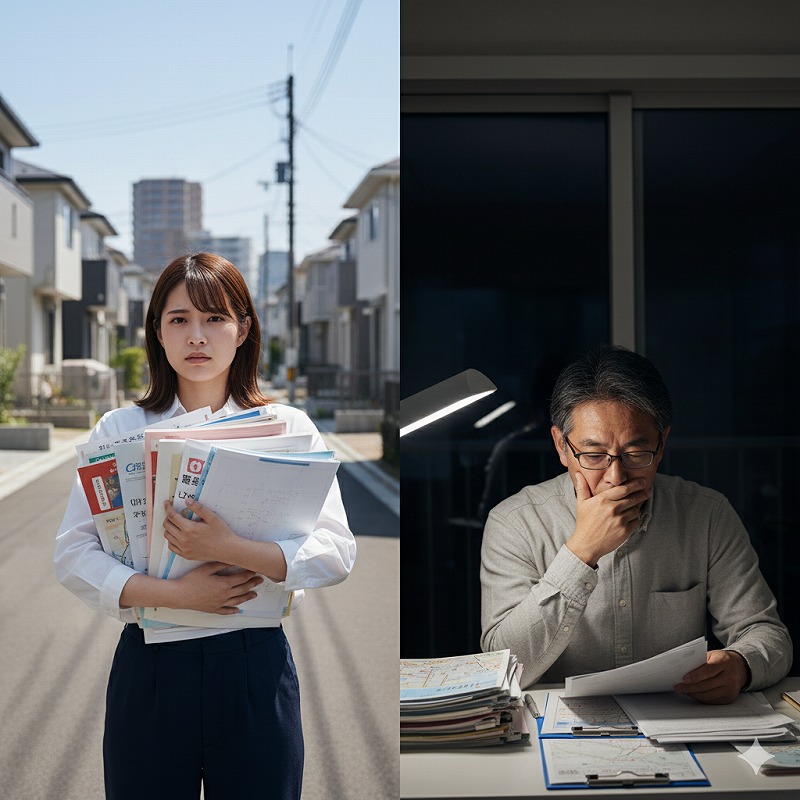 地図を抱えて住宅街を歩く構成調査員の女性と夜準備作業に追われる男性の画像