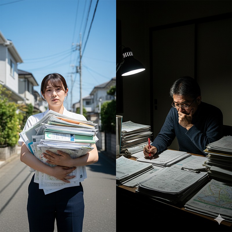 たくさんの資料を抱え住宅街をさまよう女性とたくさんの資料を整理する男性の画像