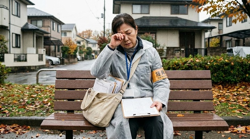 女性国勢調査員が疲労し公園のベンチで休む画像