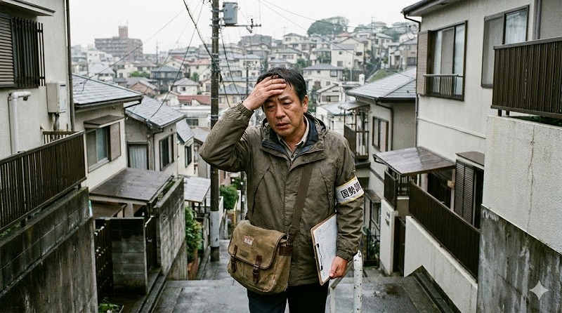 男性国勢調査員が各戸を回っている様子の画像