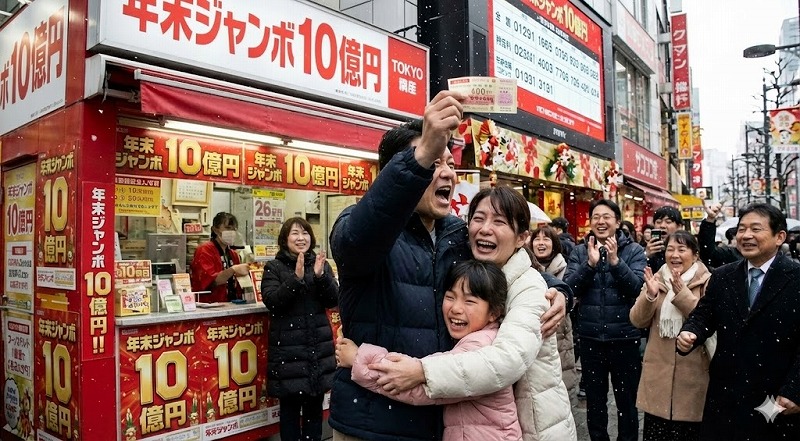 宝くじが当たってよ転ぶ家族の画像