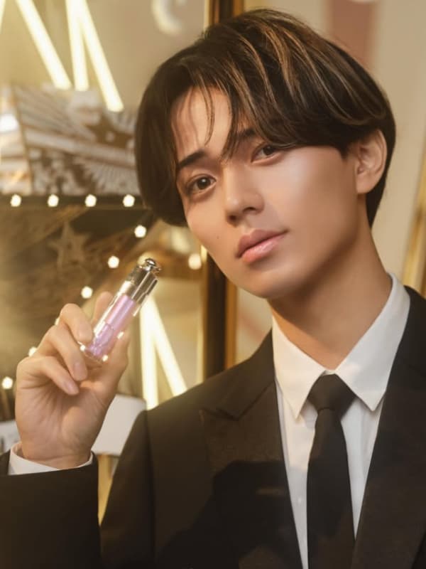 黒いジャケットに白シャツ、ネクタイ姿で、手にリップグロスを持ってこちらを見つめる、センター分けヘアの永瀬廉のポートレート。