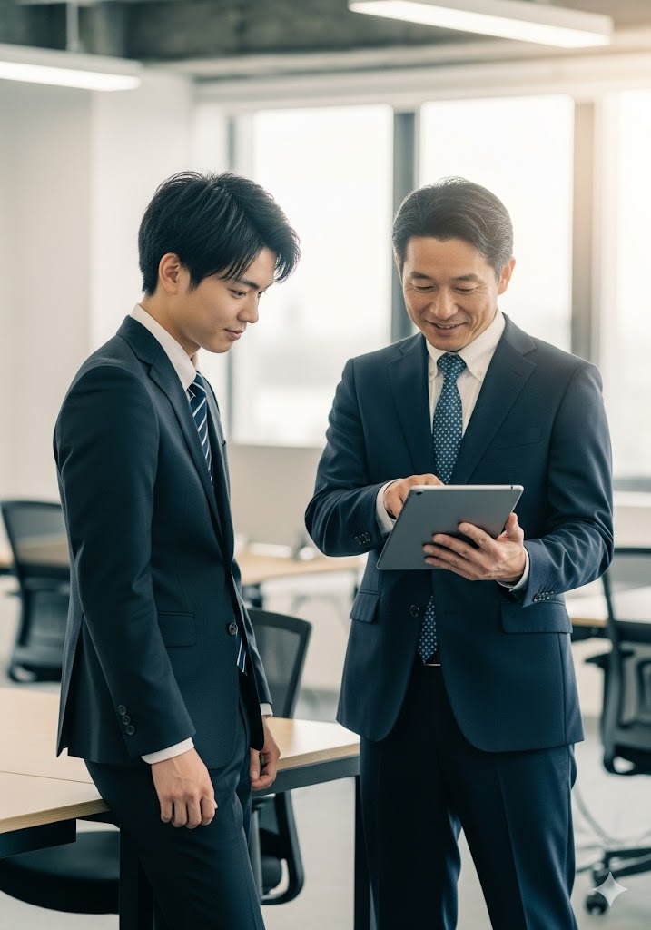 明るいオフィスで、年配の日本人男性上司とタブレットを覗き込みながら打ち合わせをする男性新入社員。真剣な眼差しの部下と、満足げに頷く上司の姿から、実務を通じたプロフェッショナルな信頼構築の様子が伝わる。