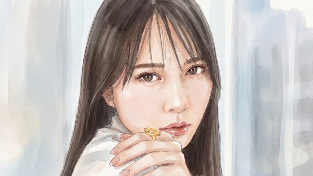 加藤史帆をモデルにした淡い水彩画風のポートレート。指先を頬に添え、透明感あふれる柔らかな表情の中に、俳優としての覚悟と切なさが同居する繊細なタッチのイラスト。