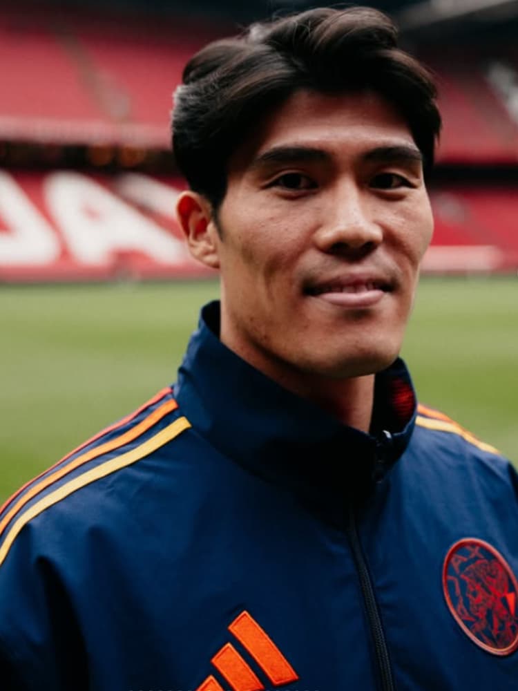 ヨハン・クライフ・アレナのピッチを背景に、アヤックスのネイビーブルーのトレーニングジャケットを着用してカメラを見つめる冨安健洋の笑顔。