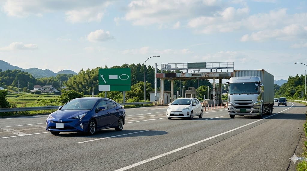 日本の高速道路を走る、青いトヨタ・プリウス、白いトヨタ・アクア、そして大型トラック。緑色の道路標識、ETCゲート、背景の緑豊かな丘陵地。