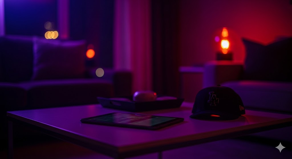 紫と赤の幻想的な照明に照らされた夜のモダンなリビングルーム。手前のコーヒーテーブルには画面が光るタブレットと、LAロゴの黒い野球帽が置かれている様子。