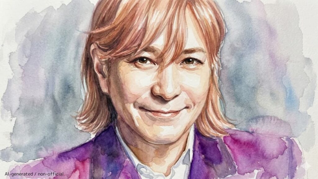 優しい笑顔を浮かべる、肩までの茶髪の小室哲哉氏を描いたクローズアップの水彩画ポートレート。紫色のジャケットと白いシャツを身にまとい、背景は淡いグレーや紫の絵の具の滲みが広がる、芸術的で透明感のある肖像画。