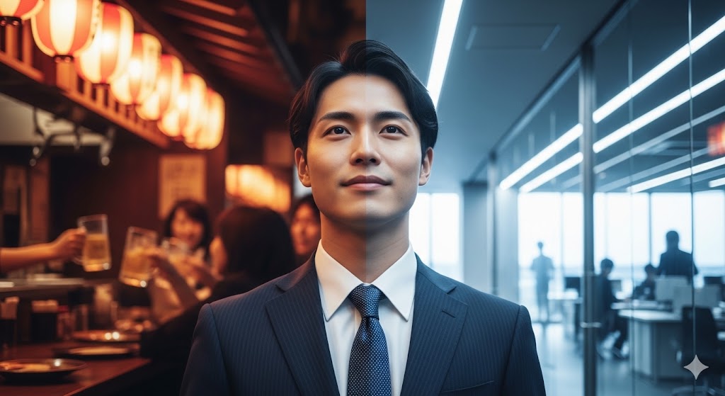 画面中央で前を見据えるスーツ姿の日本人男性新入社員。背景は左側に赤提灯が灯る暖色の居酒屋、右側にクリーンで寒色のモダンなオフィスが分割して描かれ、伝統と現代の対比を表現している。
