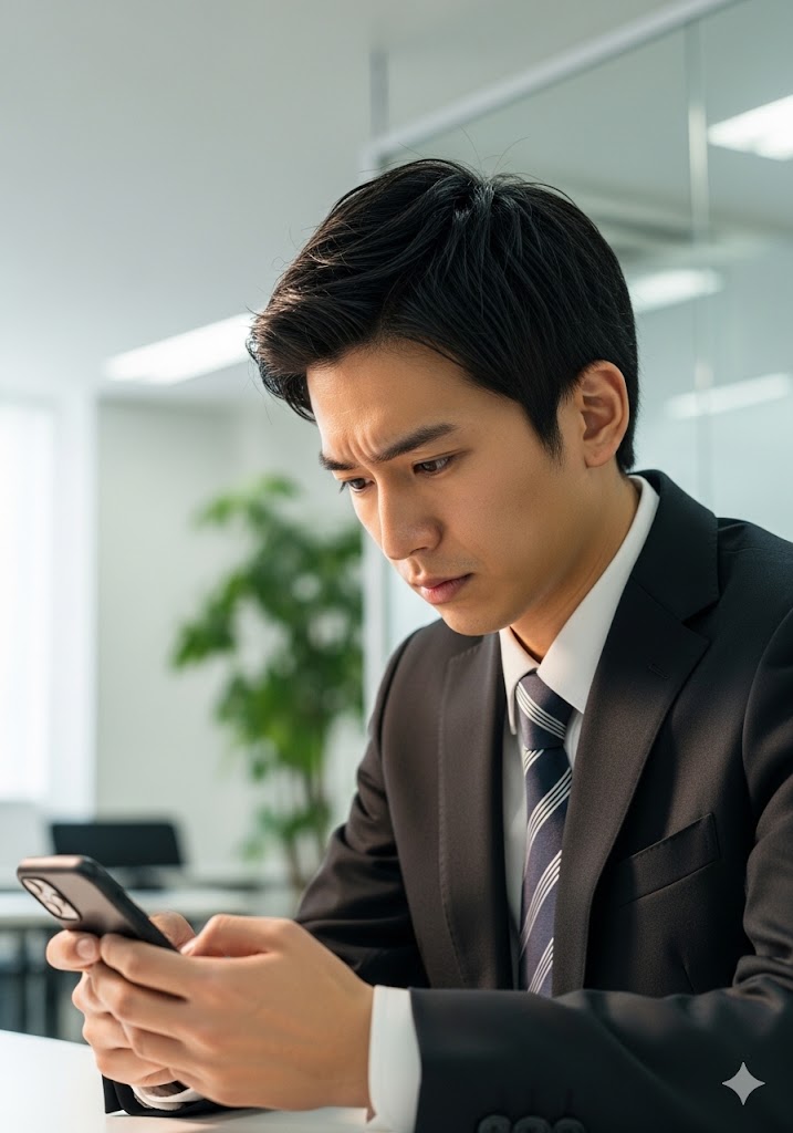 モダンなオフィスでデスクに座り、神妙な面持ちでスマートフォンの画面を見つめる日本人男性新入社員。歓迎会の誘いに悩むような、葛藤と不安を感じさせる表情。